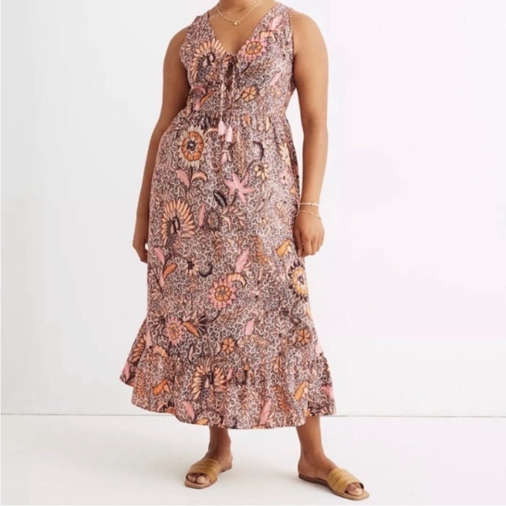 Madewell Lace Up Ruffle Hem Sleeveless Midi Dress in Bali Blooms Floral Size 10
